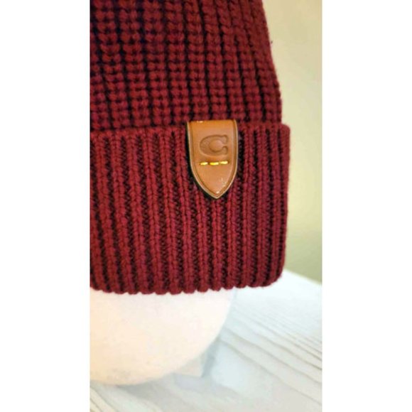 COACH Beanie Hat Wool Cherry Red NWT Leather C Tag - Picture 4 of 6
